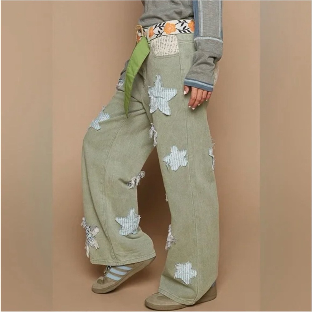 JUST IN! POL Star Patchwork Jeans Olive Green Straight Leg - Picture 7 of 10